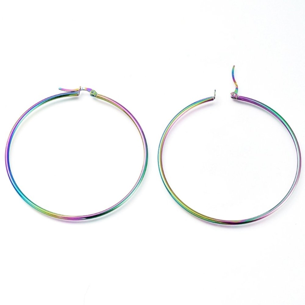 💝5/$25💖 NWOT - Oversized 65mm Rainbow multicolored steel Hoops